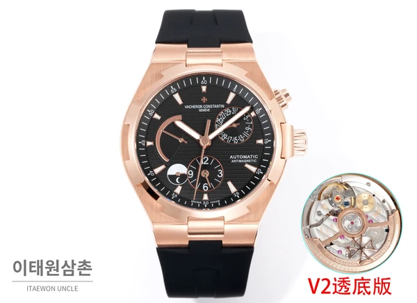 바쉐론콘스탄틴 오버시즈 로즈골드스틸 듀얼타임 블랙다이얼 러버밴드 오토매틱 42mm