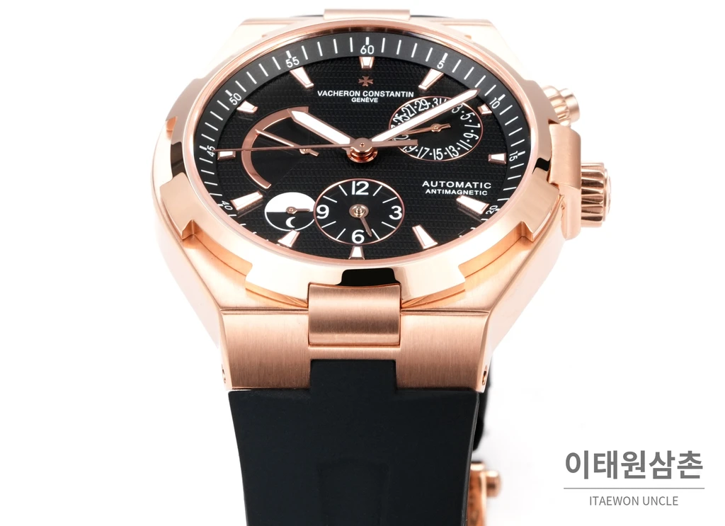 바쉐론콘스탄틴 오버시즈 로즈골드스틸 듀얼타임 블랙다이얼 러버밴드 오토매틱 42mm