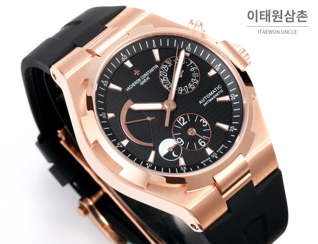 바쉐론콘스탄틴 오버시즈 로즈골드스틸 듀얼타임 블랙다이얼 러버밴드 오토매틱 42mm