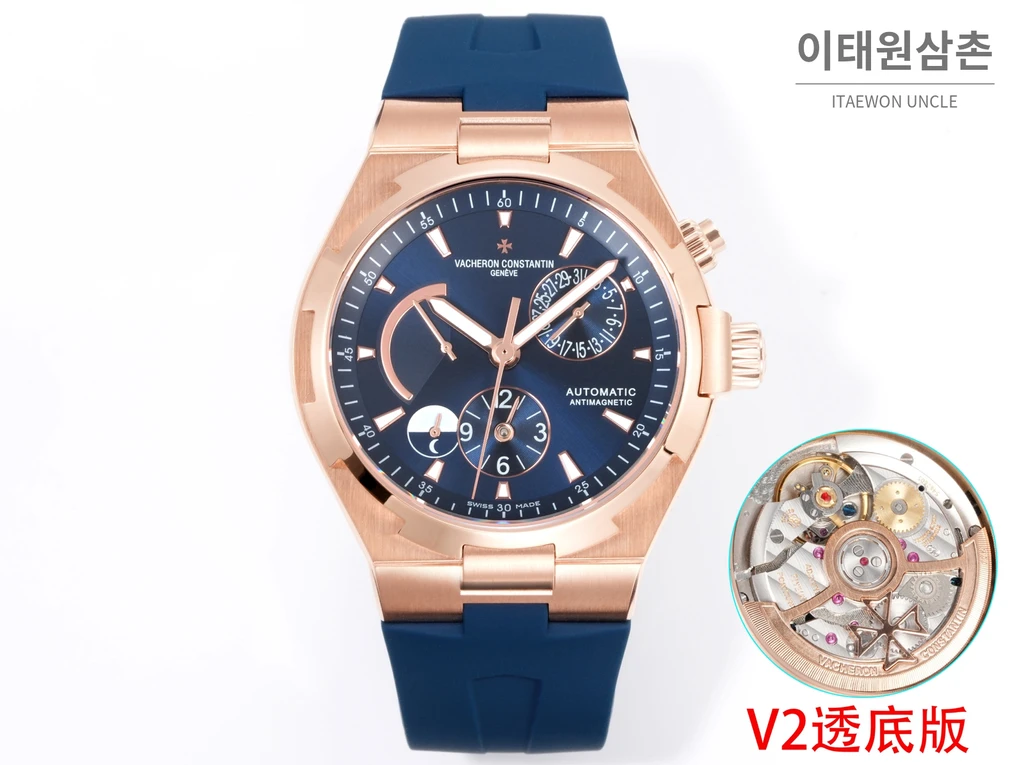 바쉐론콘스탄틴 오버시즈 로즈골드스틸 듀얼타임 네이비다이얼 러버밴드 오토매틱 42mm
