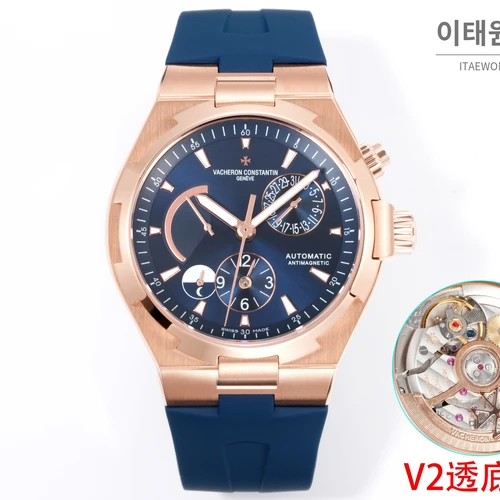 바쉐론콘스탄틴 오버시즈 로즈골드스틸 듀얼타임 네이비다이얼 러버밴드 오토매틱 42mm