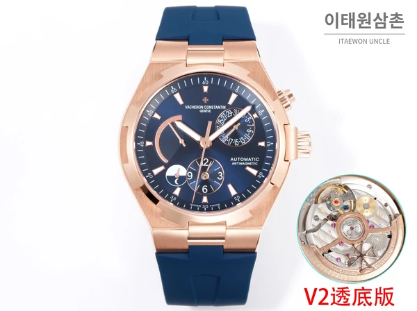 바쉐론콘스탄틴 오버시즈 로즈골드스틸 듀얼타임 네이비다이얼 러버밴드 오토매틱 42mm