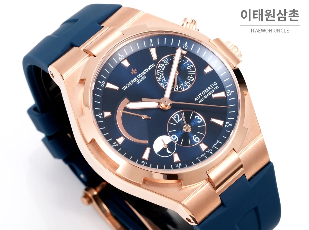 바쉐론콘스탄틴 오버시즈 로즈골드스틸 듀얼타임 네이비다이얼 러버밴드 오토매틱 42mm