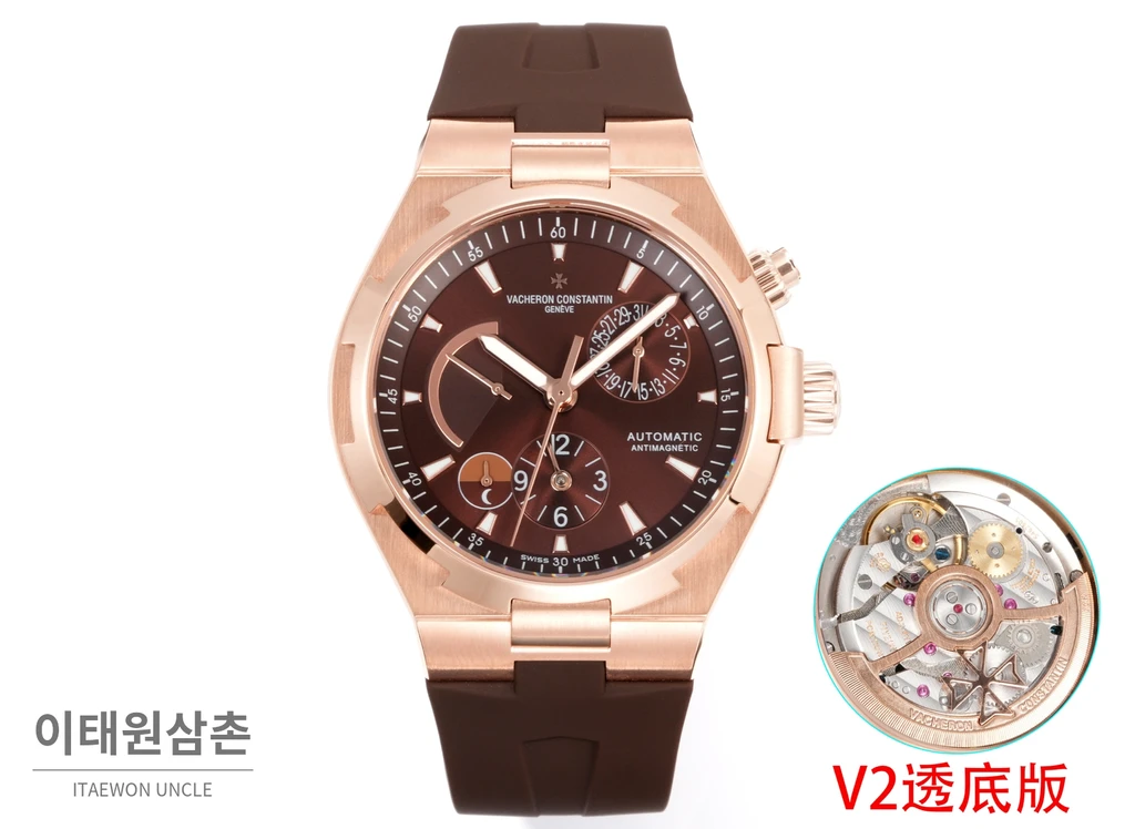 바쉐론콘스탄틴 오버시즈 로즈골드스틸 듀얼타임 브라운다이얼 러버밴드 오토매틱 42mm