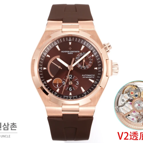 바쉐론콘스탄틴 오버시즈 로즈골드스틸 듀얼타임 브라운다이얼 러버밴드 오토매틱 42mm