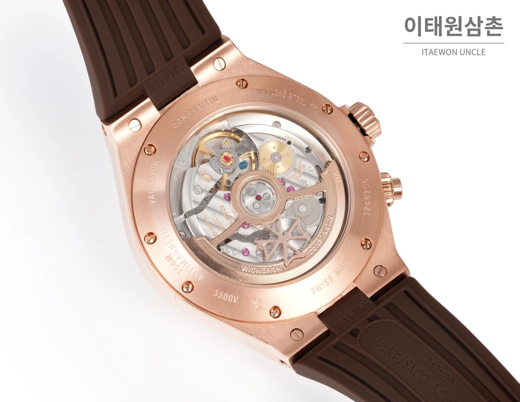 바쉐론콘스탄틴 오버시즈 로즈골드스틸 듀얼타임 브라운다이얼 러버밴드 오토매틱 42mm