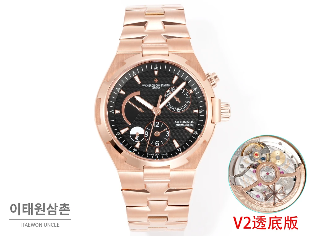 바쉐론콘스탄틴 오버시즈 로즈골드스틸 듀얼타임 블랙다이얼 스틸밴드 오토매틱 42mm (2)