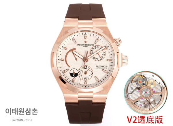 바쉐론콘스탄틴 오버시즈 로즈골드스틸 듀얼타임 아이보리다이얼 러버밴드 오토매틱 42mm