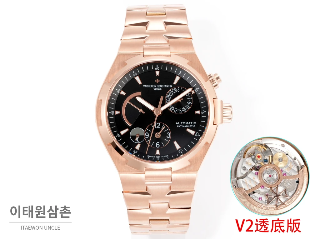 바쉐론콘스탄틴 오버시즈 로즈골드스틸 듀얼타임 블랙다이얼 스틸밴드 오토매틱 42mm