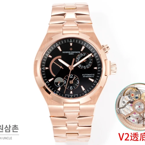 바쉐론콘스탄틴 오버시즈 로즈골드스틸 듀얼타임 블랙다이얼 스틸밴드 오토매틱 42mm