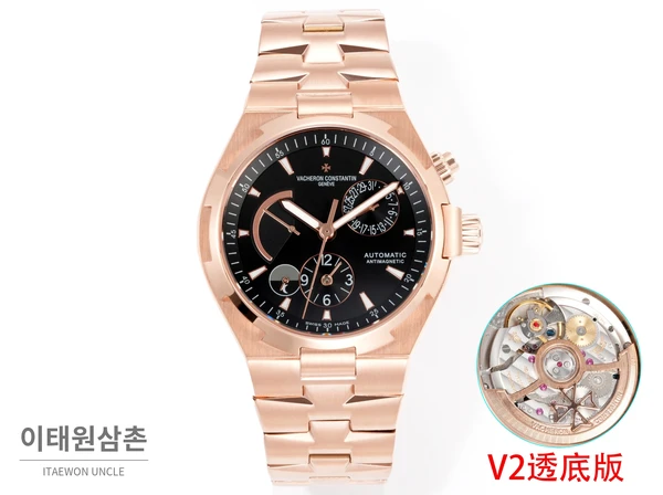 바쉐론콘스탄틴 오버시즈 로즈골드스틸 듀얼타임 블랙다이얼 스틸밴드 오토매틱 42mm