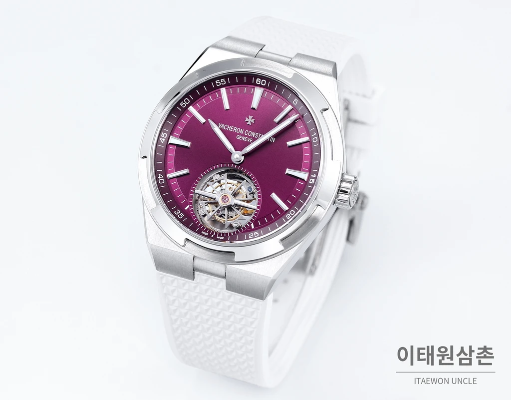바쉐론콘스탄틴 오버시즈 스틸 버건디다이얼 투르비용 기계식 화이트러버밴드 42.5mm