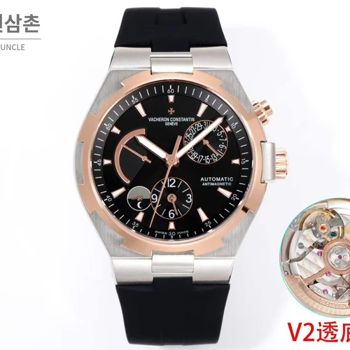 바쉐론콘스탄틴 오버시즈 스틸 듀얼타임 블랙다이얼 러버밴드 오토매틱 42mm