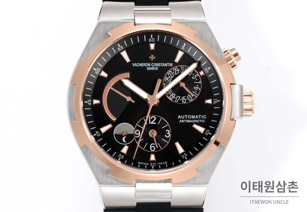 바쉐론콘스탄틴 오버시즈 스틸 듀얼타임 블랙다이얼 러버밴드 오토매틱 42mm