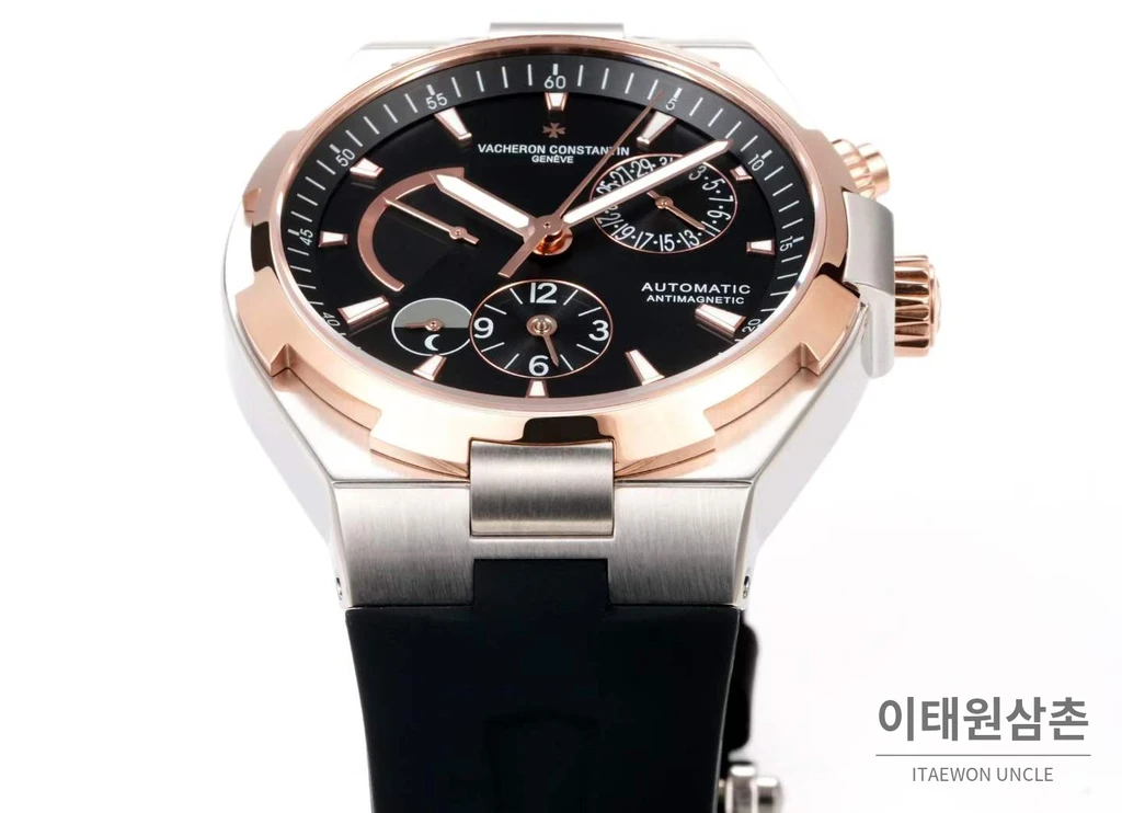 바쉐론콘스탄틴 오버시즈 스틸 듀얼타임 블랙다이얼 러버밴드 오토매틱 42mm