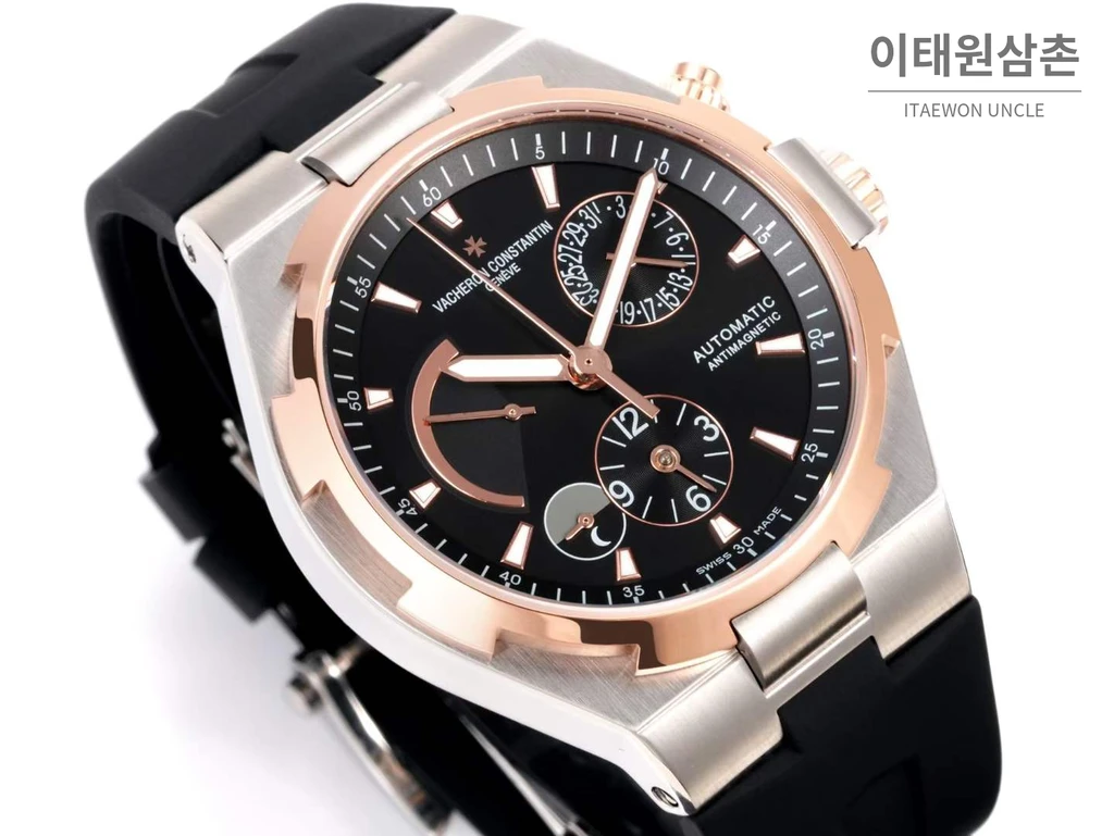 바쉐론콘스탄틴 오버시즈 스틸 듀얼타임 블랙다이얼 러버밴드 오토매틱 42mm