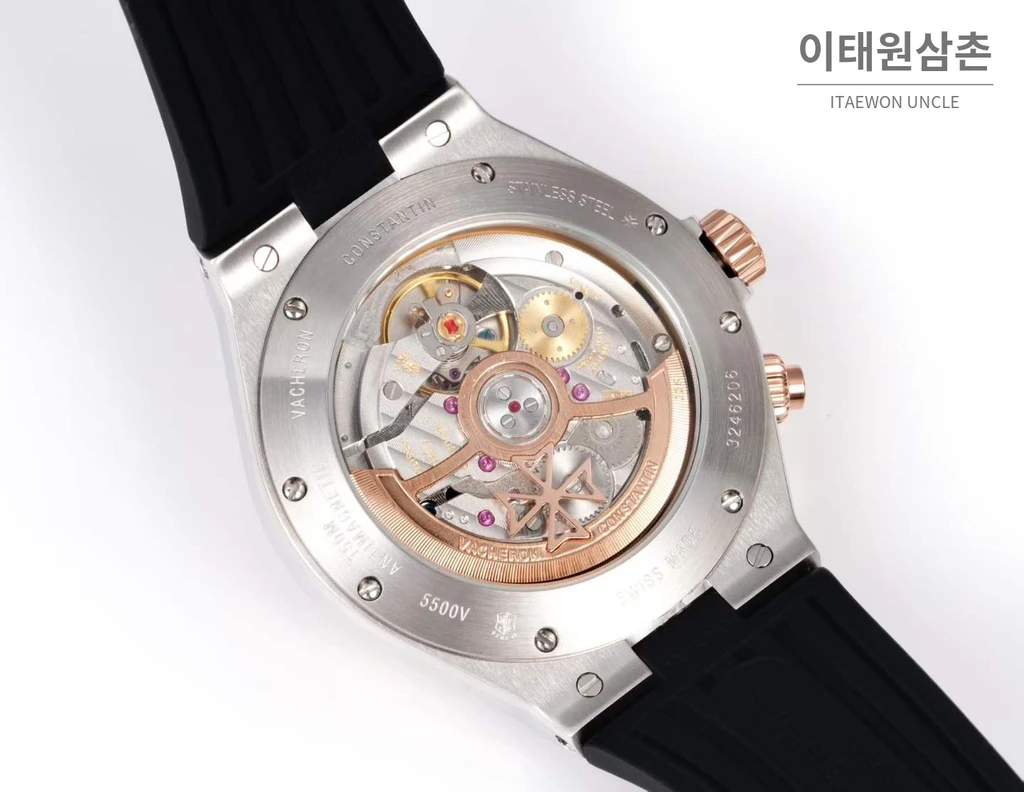 바쉐론콘스탄틴 오버시즈 스틸 듀얼타임 블랙다이얼 러버밴드 오토매틱 42mm