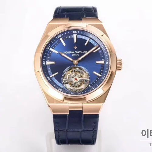바쉐론콘스탄틴 콘스탄틴 오버시즈 투르비용 블루 다이얼 오토매틱 42.5mm 네이비 가죽 스트랩 로즈골드 베젤