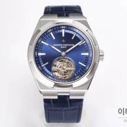 바쉐론콘스탄틴 콘스탄틴 오버시즈 투르비용 블루 다이얼 오토매틱 42.5mm 네이비 가죽 스트랩