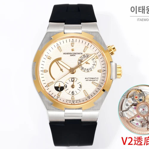 바쉐론콘스탄틴 오버시즈 옐로우골드스틸 듀얼타임 아이보리다이얼 러버밴드 오토매틱 42mm