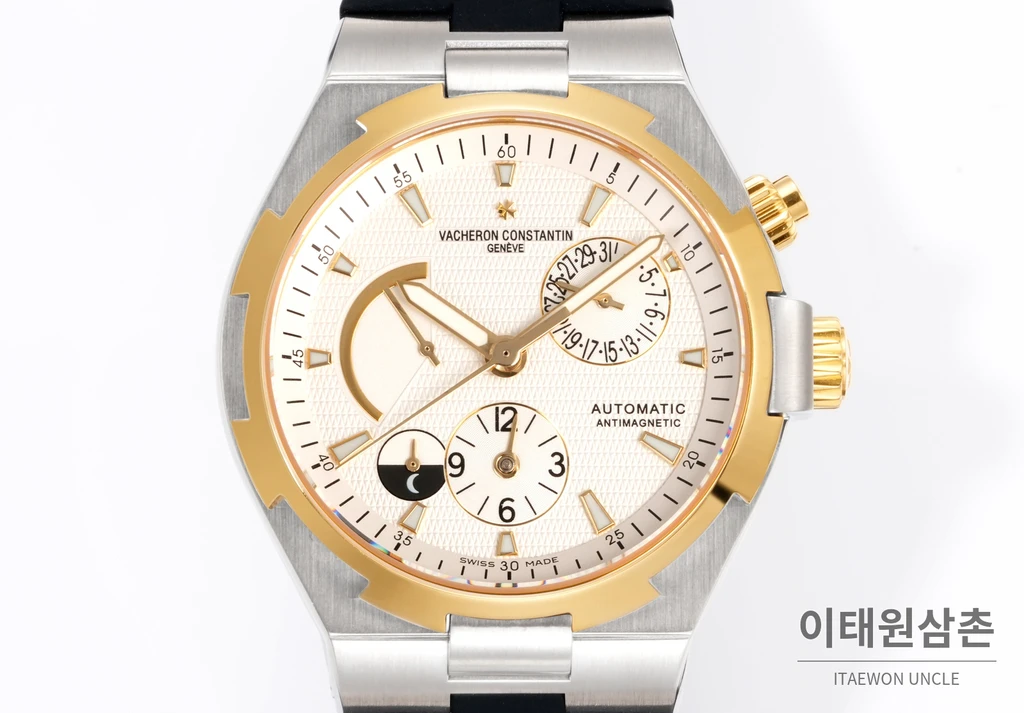 바쉐론콘스탄틴 오버시즈 옐로우골드스틸 듀얼타임 아이보리다이얼 러버밴드 오토매틱 42mm