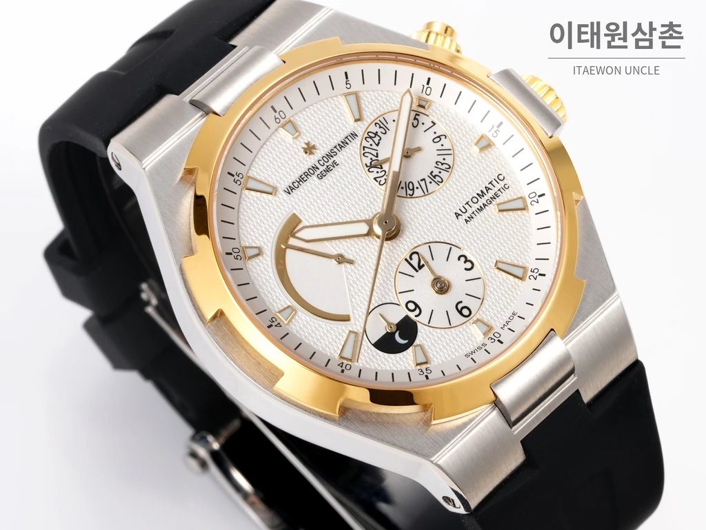 바쉐론콘스탄틴 오버시즈 옐로우골드스틸 듀얼타임 아이보리다이얼 러버밴드 오토매틱 42mm