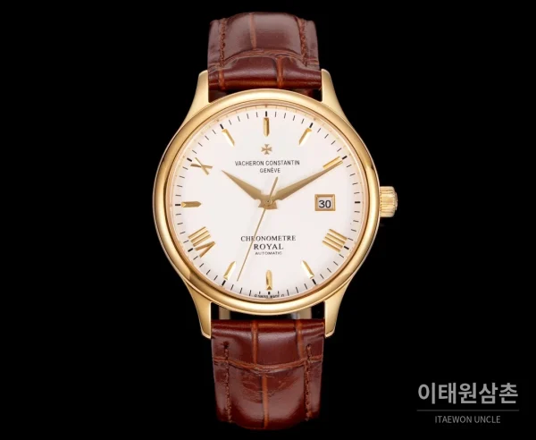바쉐론콘스탄틴 패트리모니 316L 스틸 레더 오토매틱 40mm 화이트 다이얼 골드 베젤