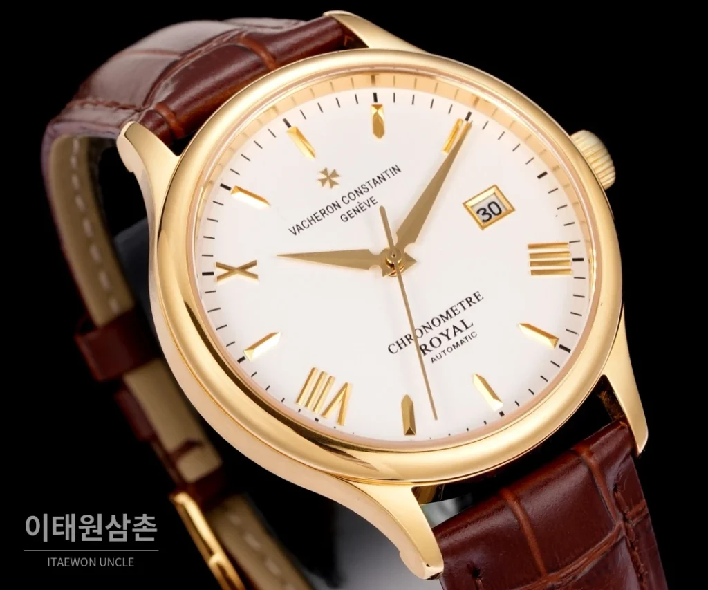 바쉐론콘스탄틴 패트리모니 316L 스틸 레더 오토매틱 40mm 화이트 다이얼 골드 베젤