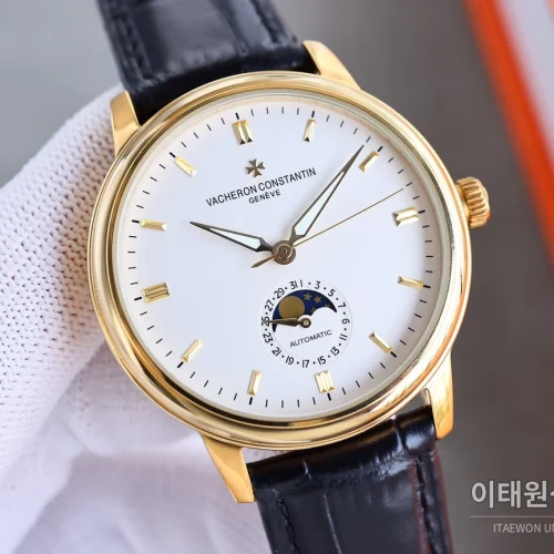 바쉐론콘스탄틴 패트리모니 오토매틱 40mm 화이트 다이얼 블랙 가죽 스트랩 골드 베젤