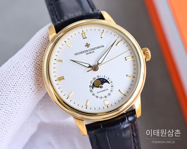 바쉐론콘스탄틴 패트리모니 오토매틱 40mm 화이트 다이얼 블랙 가죽 스트랩 골드 베젤