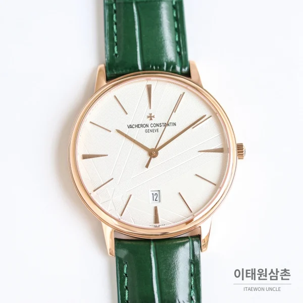바쉐론콘스탄틴 패트리모니 오토매틱 40mm 화이트 다이얼 그린 가죽 스트랩 로즈골드 베젤