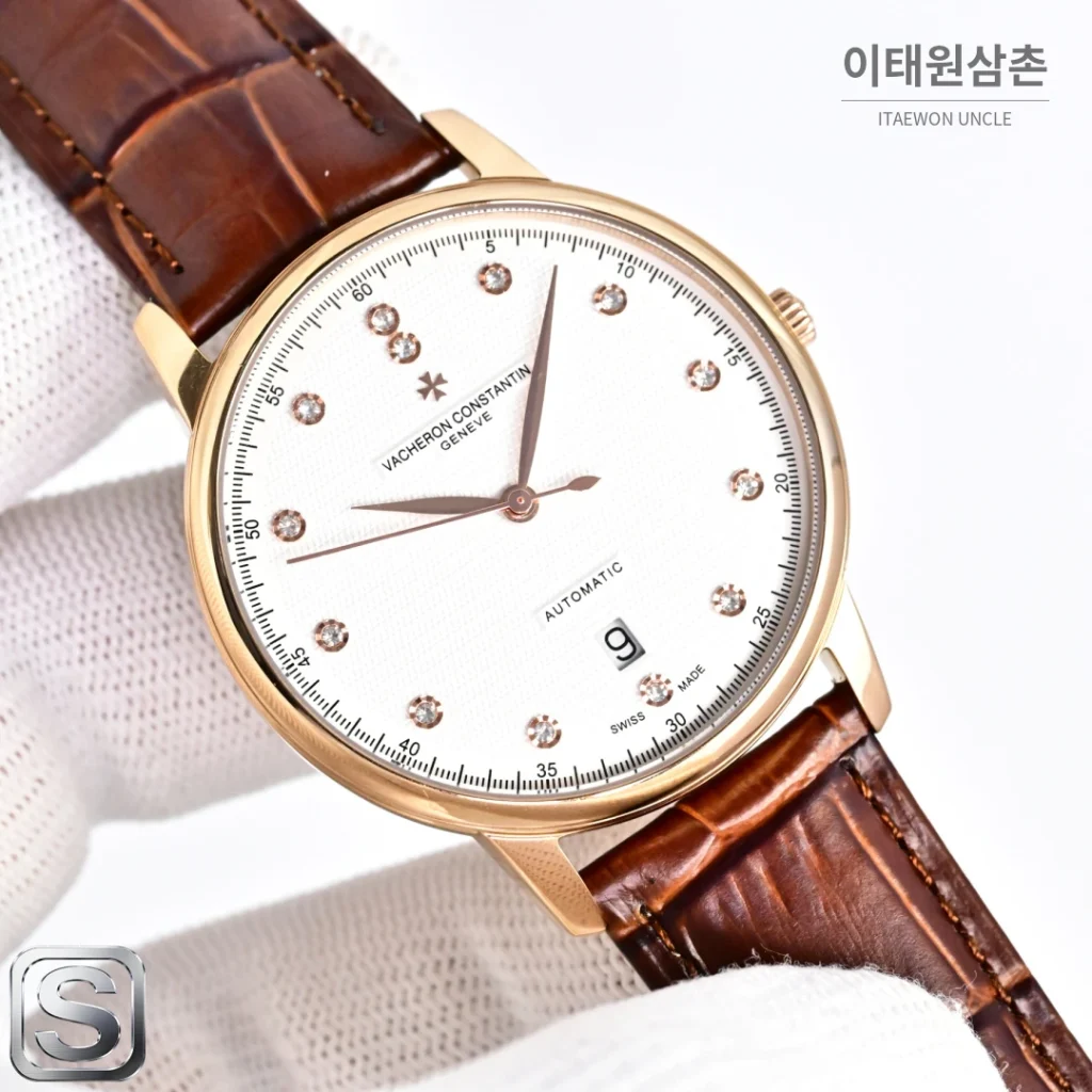 바쉐론콘스탄틴 패트리모니 오토매틱 40mm 화이트 다이얼 브라운 가죽 스트랩 로즈골드 베젤
