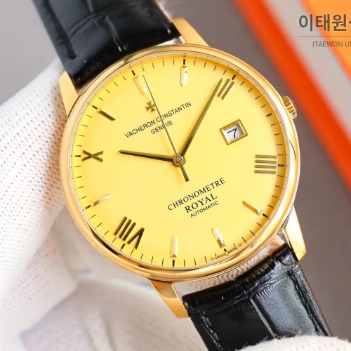 바쉐론콘스탄틴 패트리모니 오토매틱 40mm 옐로우 다이얼 블랙 가죽 스트랩 골드 베젤