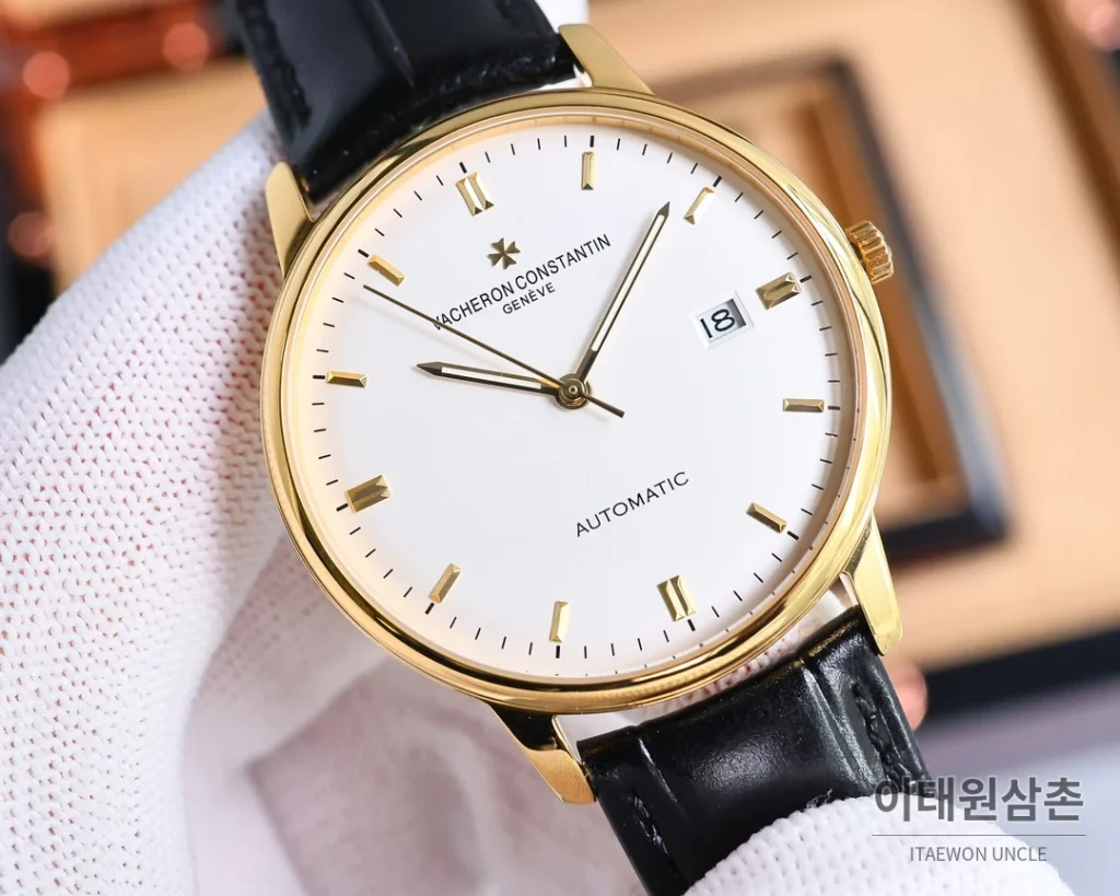 바쉐론콘스탄틴 패트리모니 오토매틱 40mm 화이트 다이얼 블랙 가죽 스트랩 골드 베젤 (2)
