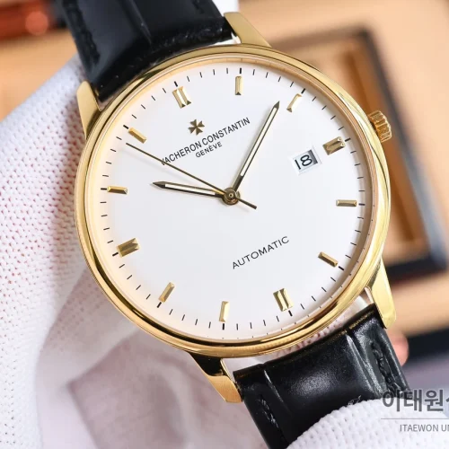바쉐론콘스탄틴 패트리모니 오토매틱 40mm 화이트 다이얼 블랙 가죽 스트랩 골드 베젤 (2)