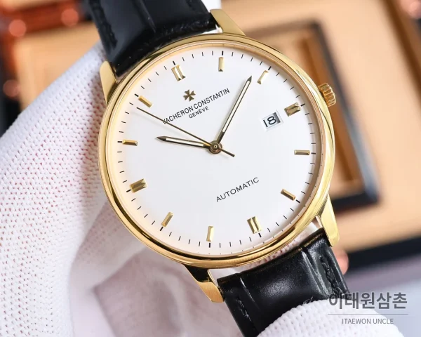 바쉐론콘스탄틴 패트리모니 오토매틱 40mm 화이트 다이얼 블랙 가죽 스트랩 골드 베젤 (2)