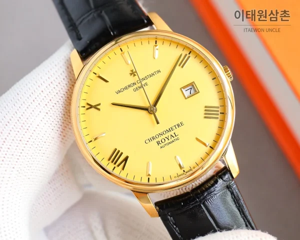 바쉐론콘스탄틴 패트리모니 오토매틱 40mm 옐로우 다이얼 블랙 가죽 스트랩 골드 베젤