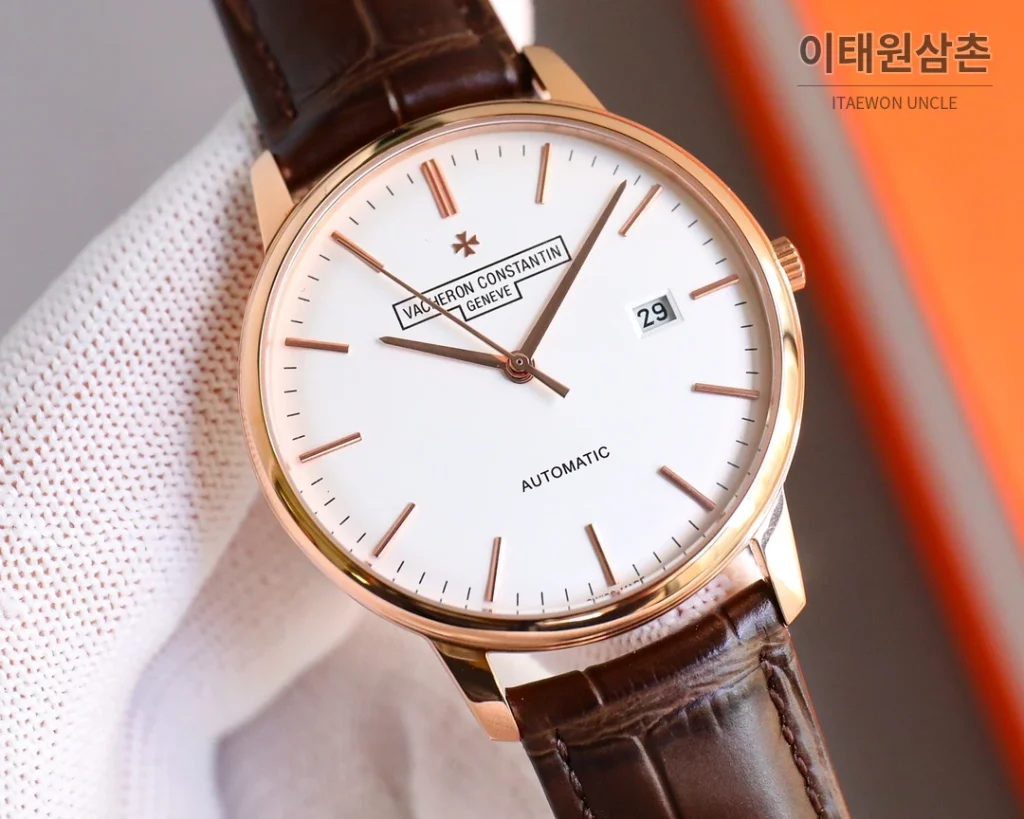 바쉐론콘스탄틴 패트리모니 오토매틱 40mm 화이트 다이얼 브라운 가죽 스트랩 로즈골드 베젤 (2)
