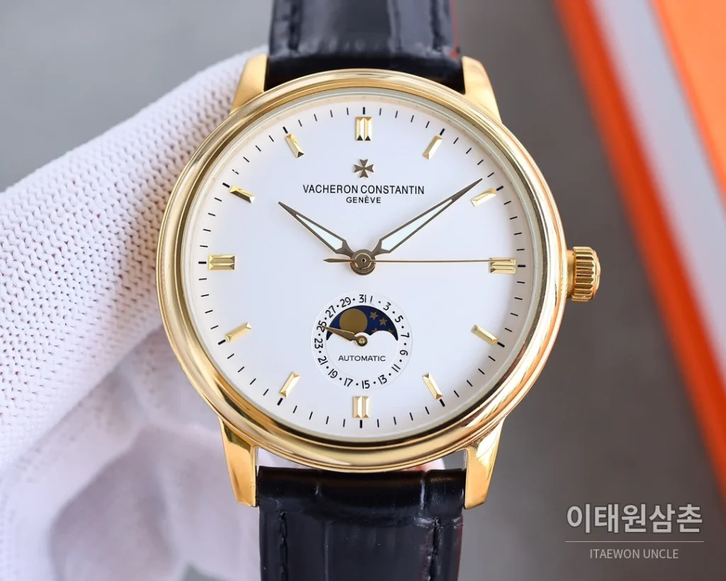 바쉐론콘스탄틴 패트리모니 오토매틱 40mm 화이트 다이얼 블랙 가죽 스트랩 골드 베젤