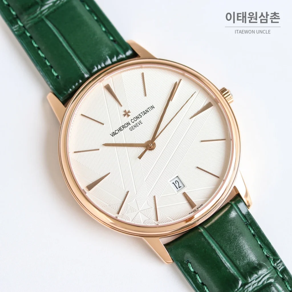 바쉐론콘스탄틴 패트리모니 오토매틱 40mm 화이트 다이얼 그린 가죽 스트랩 로즈골드 베젤