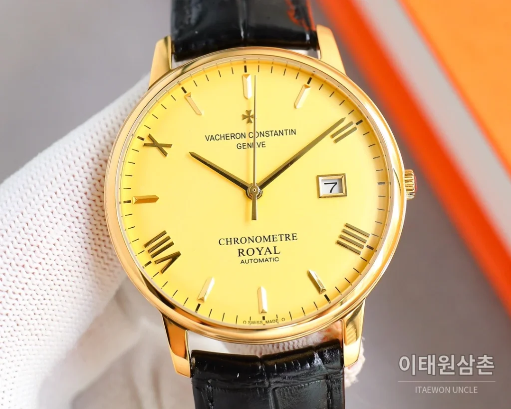 바쉐론콘스탄틴 패트리모니 오토매틱 40mm 옐로우 다이얼 블랙 가죽 스트랩 골드 베젤