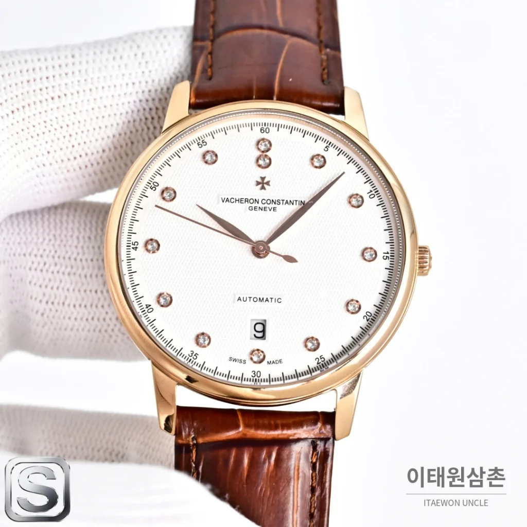 바쉐론콘스탄틴 패트리모니 오토매틱 40mm 화이트 다이얼 브라운 가죽 스트랩 로즈골드 베젤