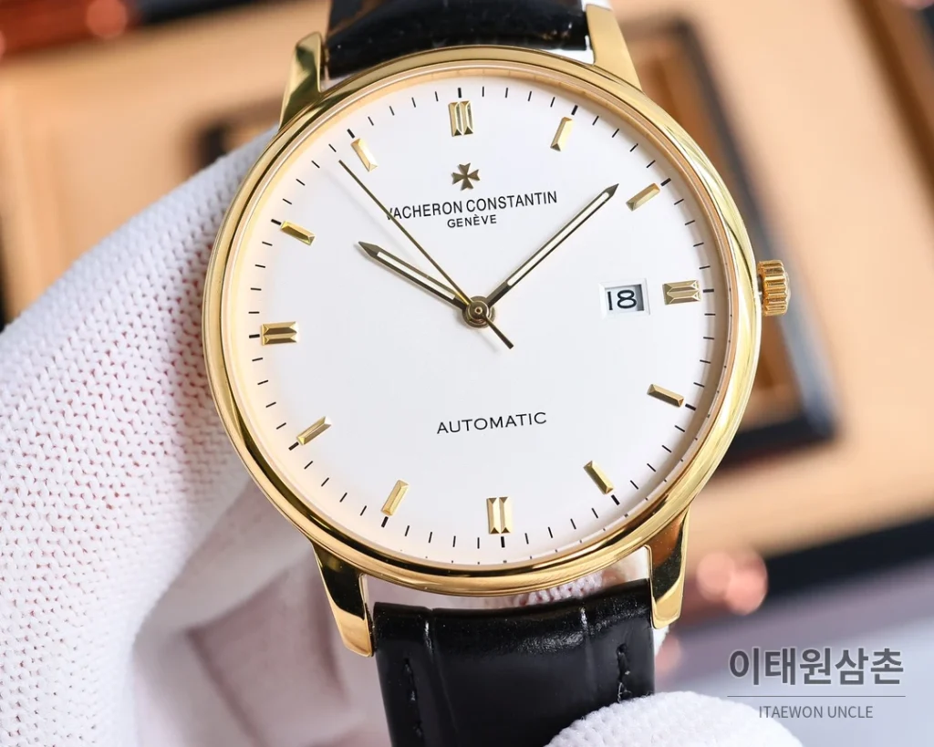 바쉐론콘스탄틴 패트리모니 오토매틱 40mm 화이트 다이얼 블랙 가죽 스트랩 골드 베젤 (2)
