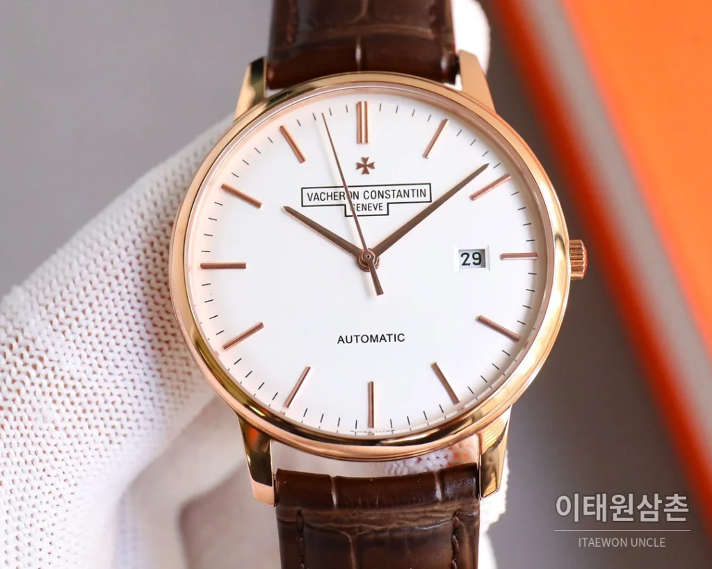 바쉐론콘스탄틴 패트리모니 오토매틱 40mm 화이트 다이얼 브라운 가죽 스트랩 로즈골드 베젤 (2)