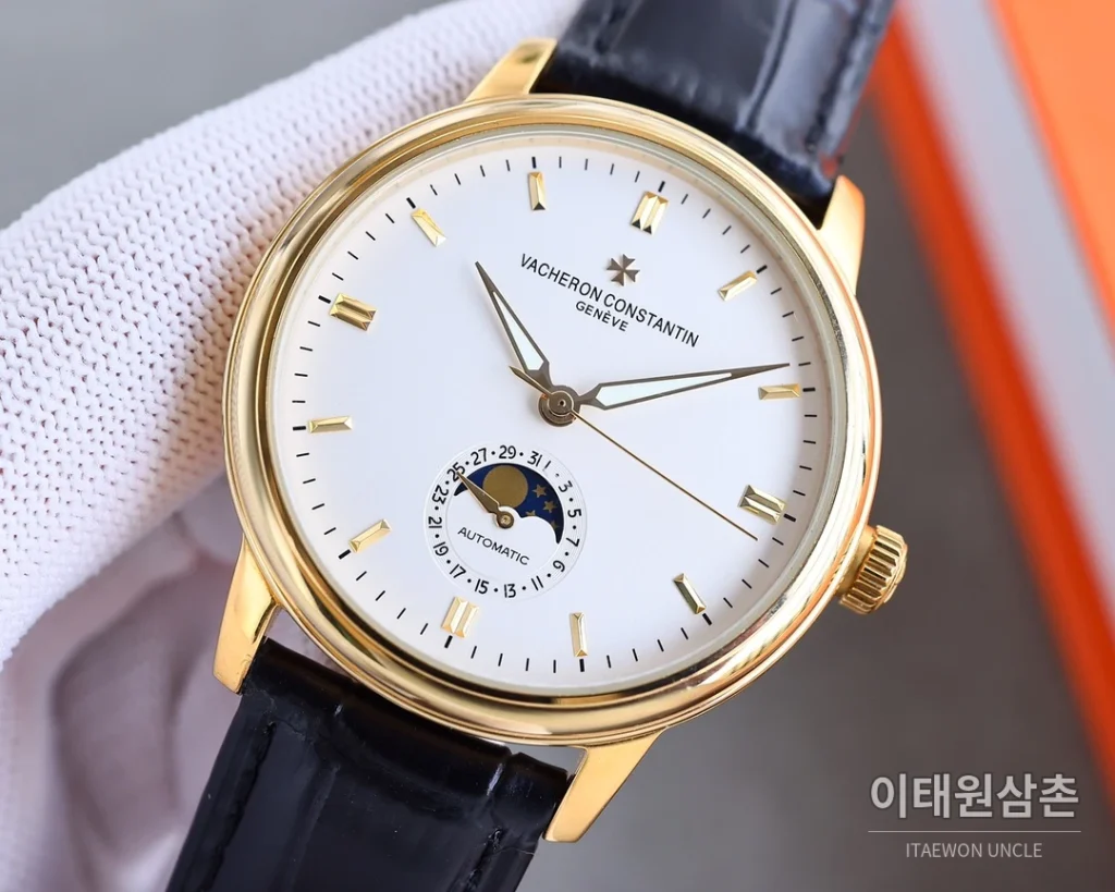 바쉐론콘스탄틴 패트리모니 오토매틱 40mm 화이트 다이얼 블랙 가죽 스트랩 골드 베젤