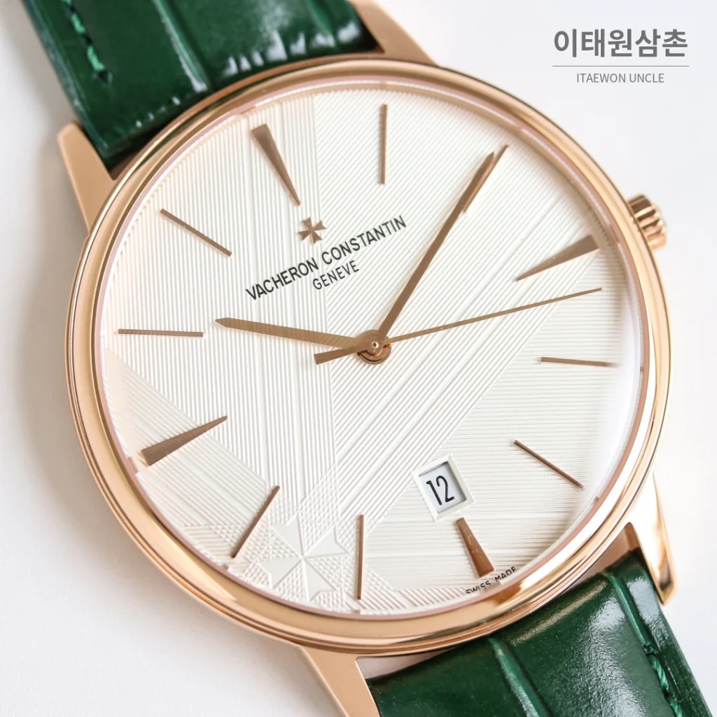 바쉐론콘스탄틴 패트리모니 오토매틱 40mm 화이트 다이얼 그린 가죽 스트랩 로즈골드 베젤