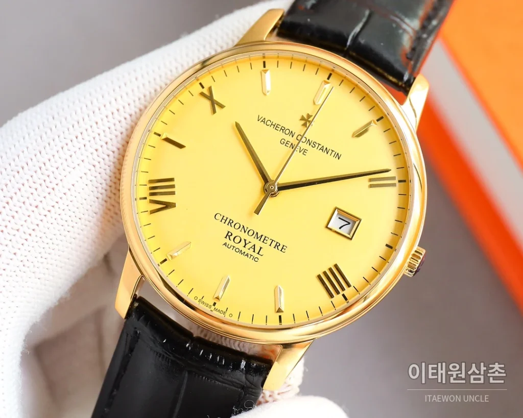 바쉐론콘스탄틴 패트리모니 오토매틱 40mm 옐로우 다이얼 블랙 가죽 스트랩 골드 베젤