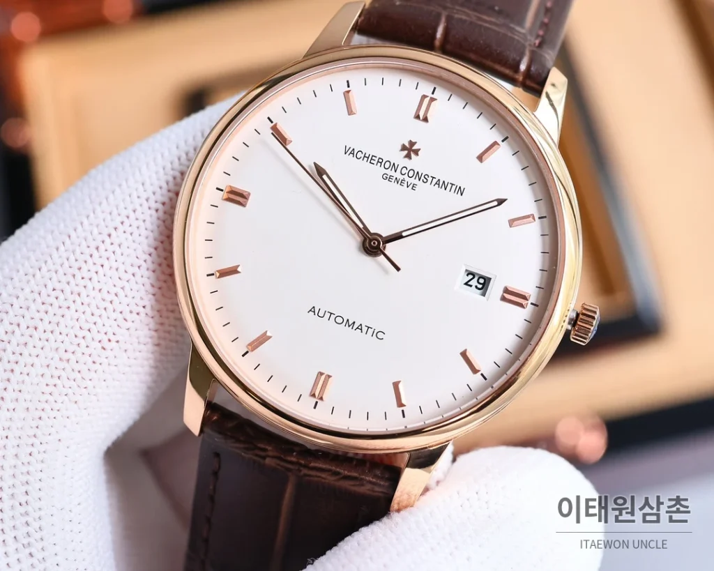 바쉐론콘스탄틴 패트리모니 오토매틱 40mm 화이트 다이얼 블랙 가죽 스트랩 골드 베젤 (2)