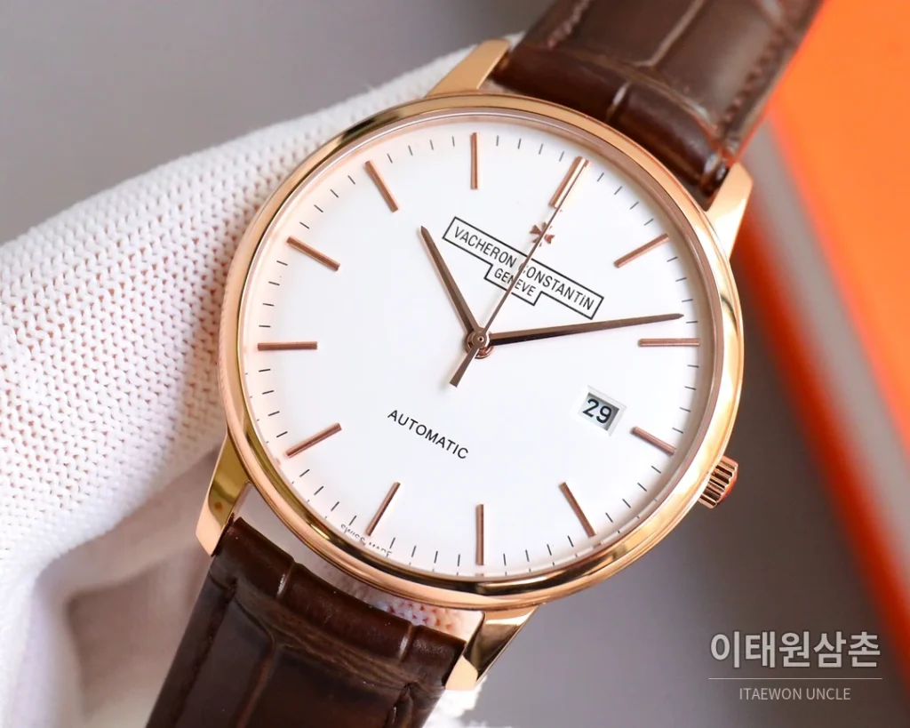 바쉐론콘스탄틴 패트리모니 오토매틱 40mm 화이트 다이얼 브라운 가죽 스트랩 로즈골드 베젤 (2)