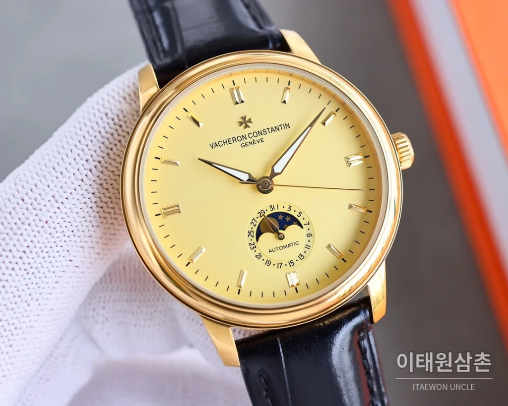 바쉐론콘스탄틴 패트리모니 오토매틱 40mm 화이트 다이얼 블랙 가죽 스트랩 골드 베젤